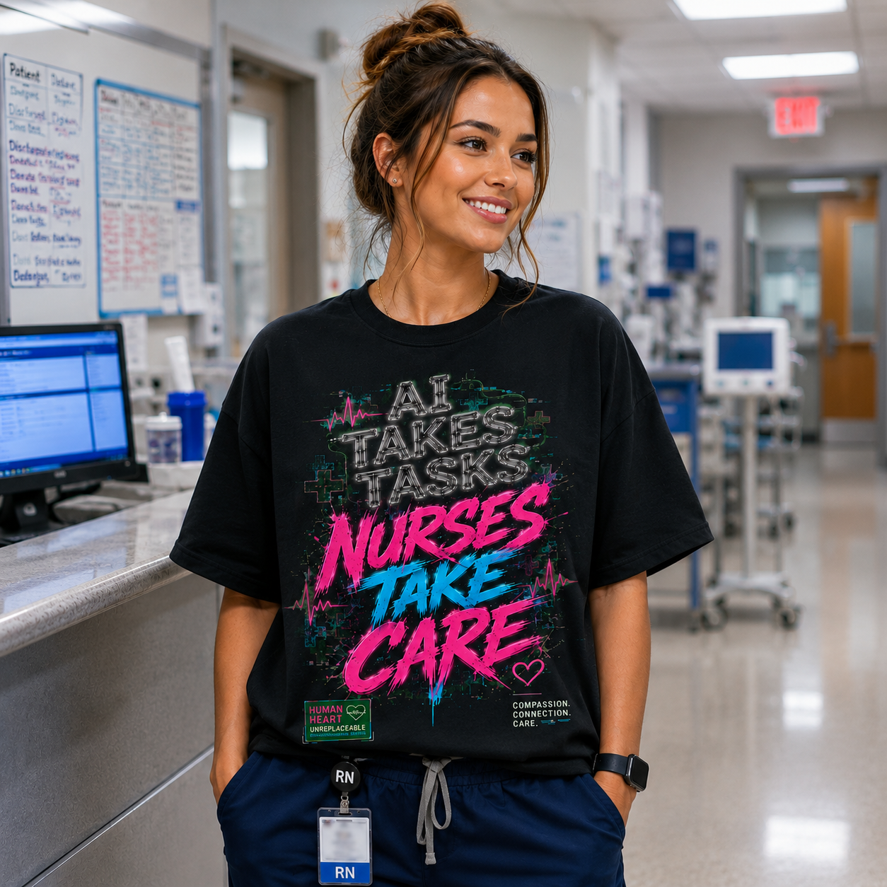 AI Takes Tasks Nurses Take Care Black All Over Print Nurse Shirt mockup 3